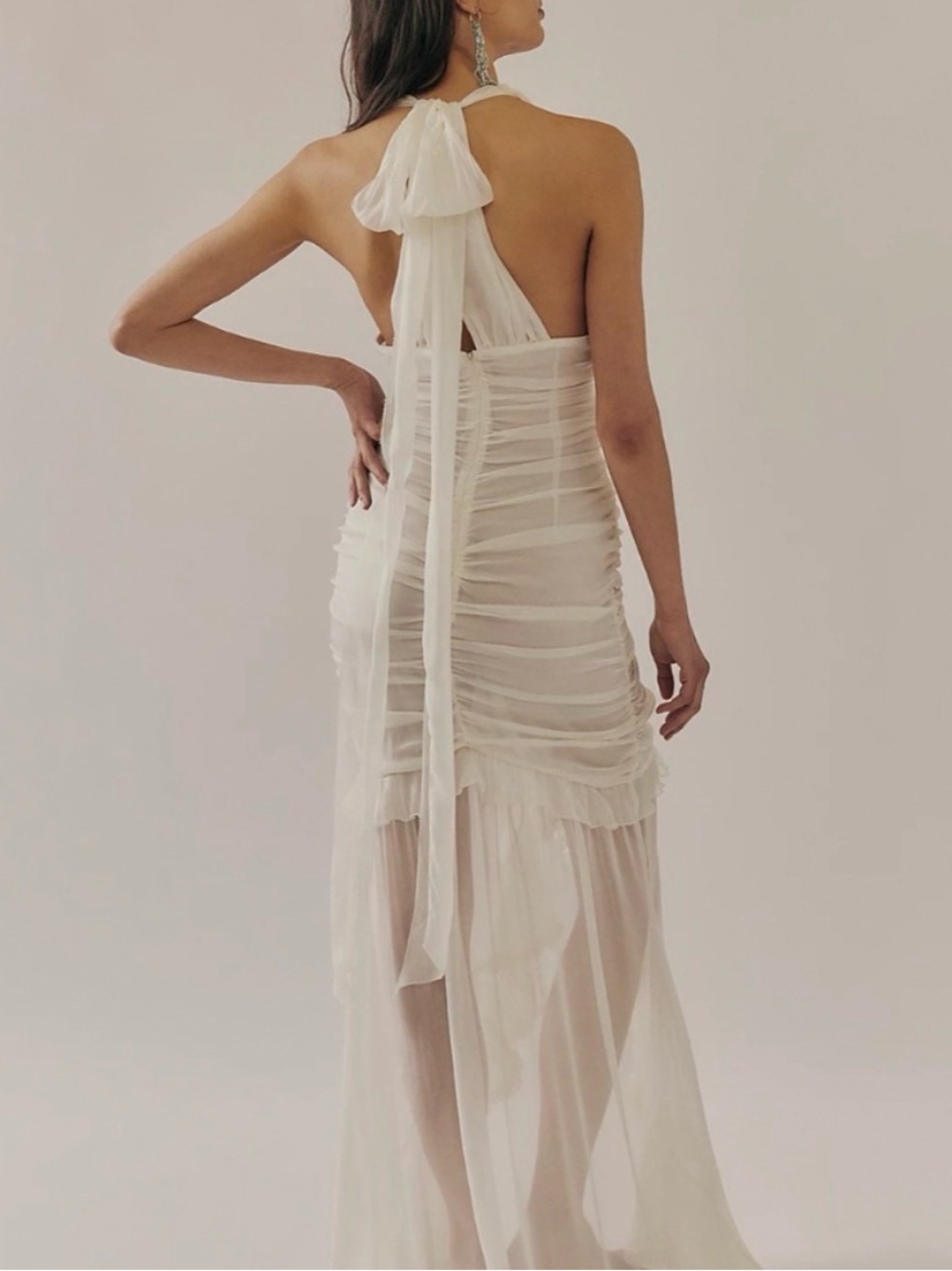For Love & Lemons Bridal Ruched Satin Puff Sleeve Mini Dress Ivory S - Picture 3 of 16